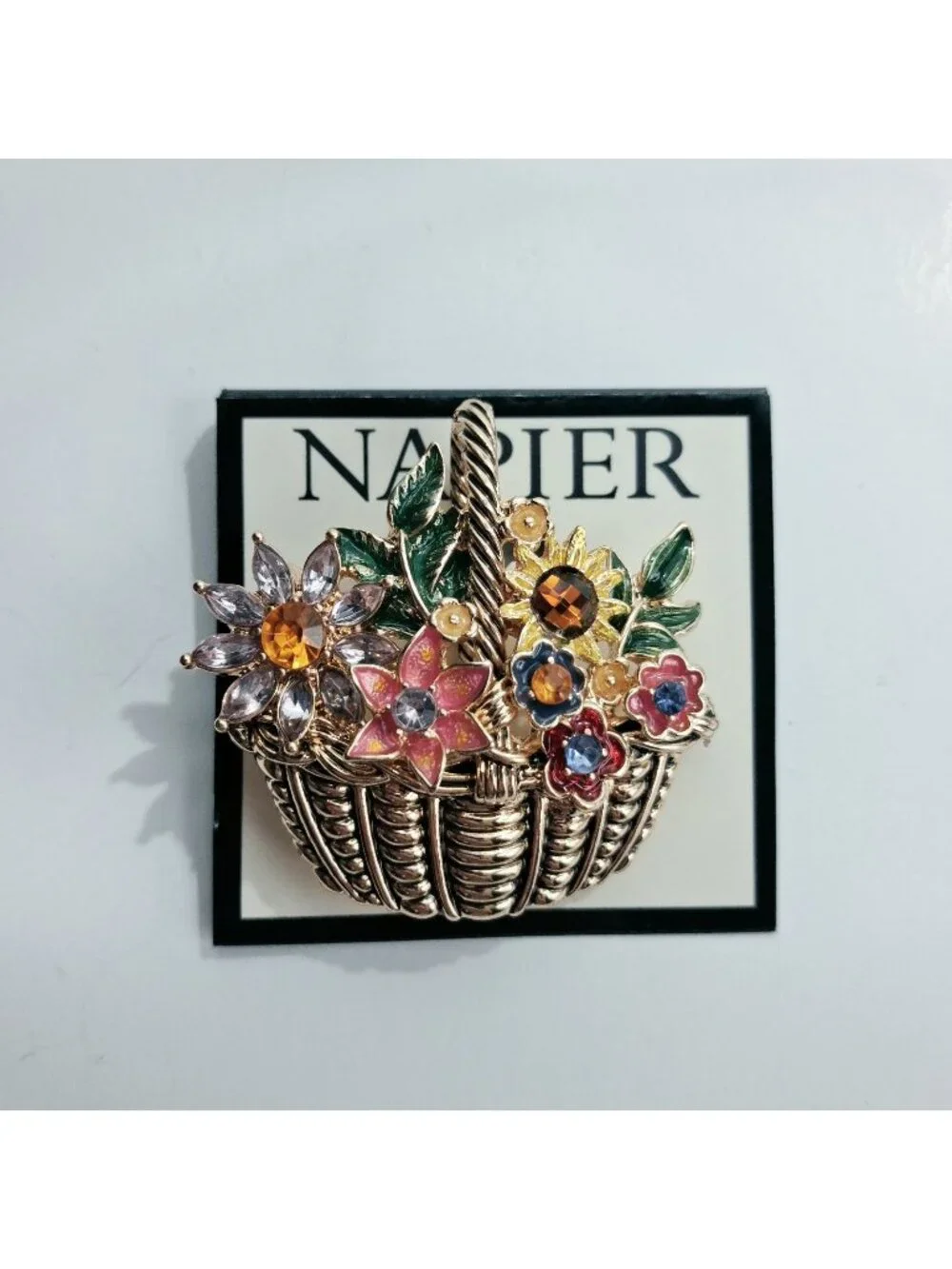 Napier Flower Basket Brooch Pin Gold Tone Enamel Rhinestone 3